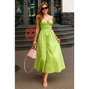 Zara Lime Green Smocked Cotton Midi Dress Resort Vacation Dress NWT M